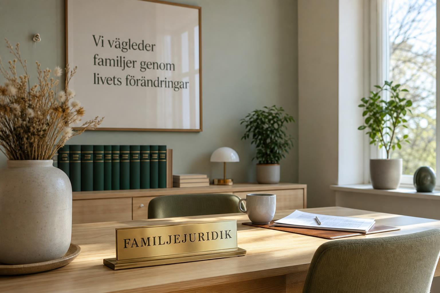 Ljust och varmt juridiskt kontor med trämöbler, böcker och en växt